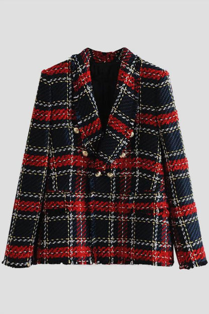 Creamtopmall Double Breasted Frayed Checked Tweed Blazer