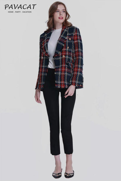 Creamtopmall Double Breasted Frayed Checked Tweed Blazer