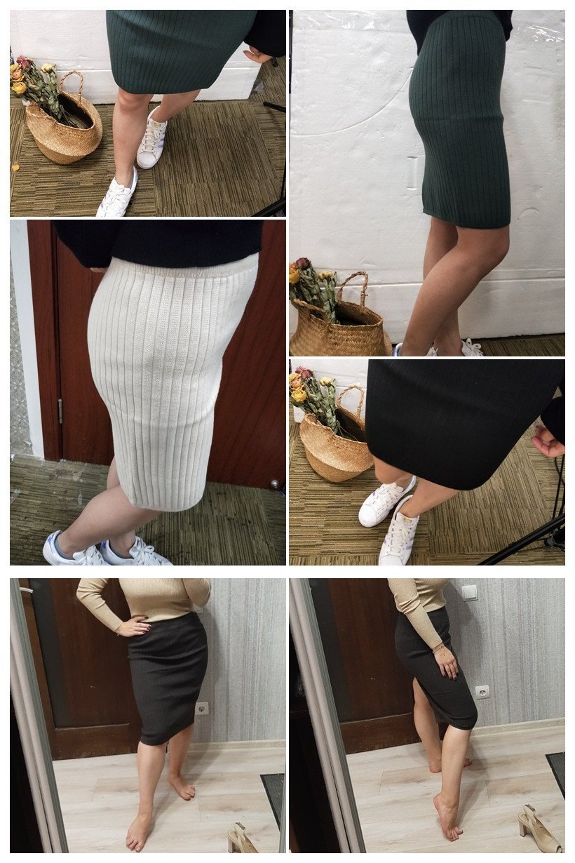 Creamtopmall Elastic Band Knitted Ribbed Straight Skirt