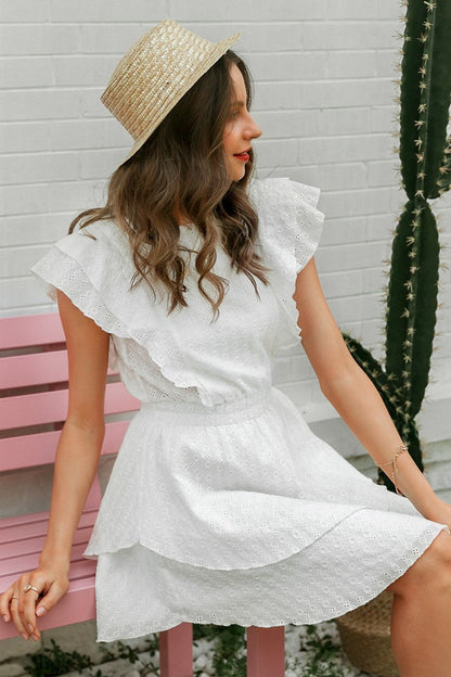 Creamtopmall Elegant Crew Neck Ruffle Lace Dress