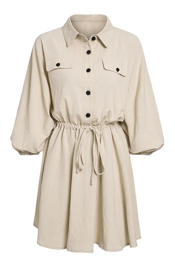 Creamtopmall Elegant Linen Lantern Sleeve Shirt Dress