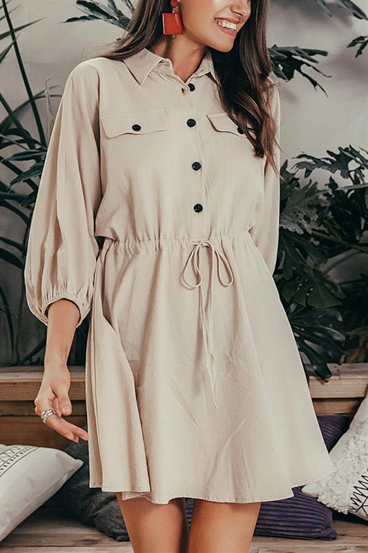 Creamtopmall Elegant Linen Lantern Sleeve Shirt Dress