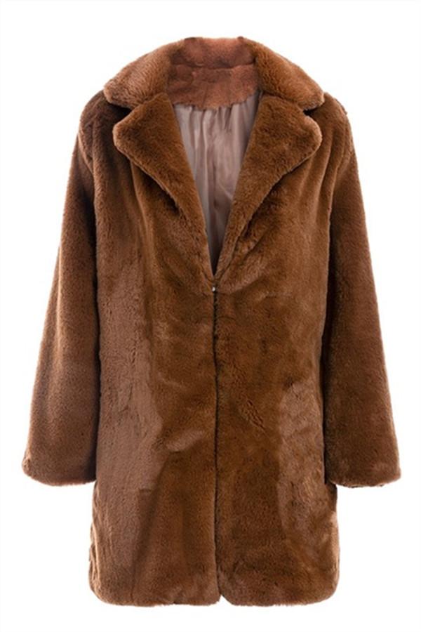 Creamtopmall Elegant Shaggy Faux Fur Teddy Coat - Brown