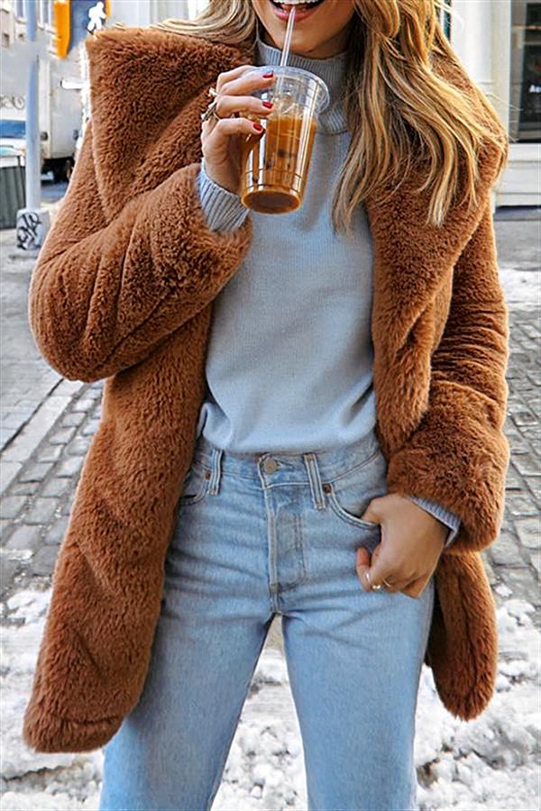 Creamtopmall Elegant Shaggy Faux Fur Teddy Coat - Brown