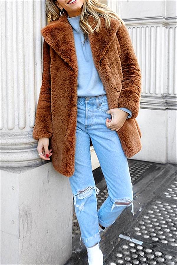 Creamtopmall Elegant Shaggy Faux Fur Teddy Coat - Brown