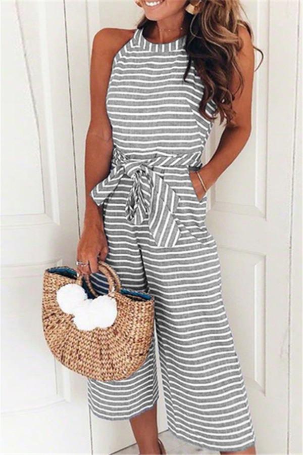 creamtopmall Elegant Sleeveless Striped Jumpsuit