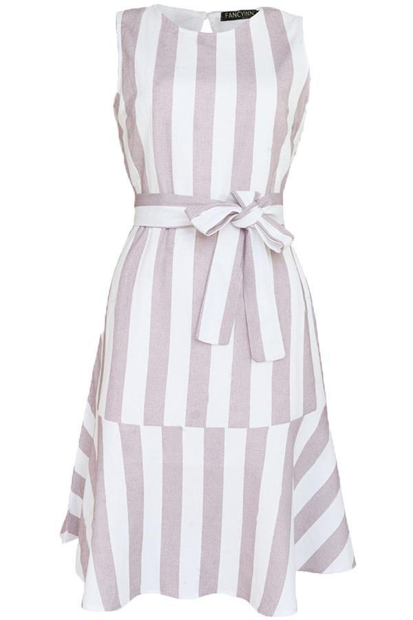 Creamtopmall Elegant Striped Belt Midi Dress