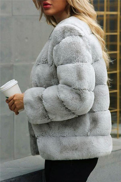 Creamtopmall Elegant Thick Fluffy Faux Fur Coat - Light Gray