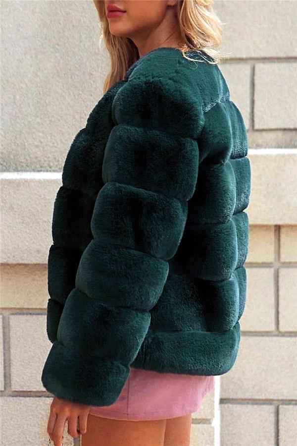 Creamtopmall Elegant Thick Fluffy Faux Fur Coat - Dark Green