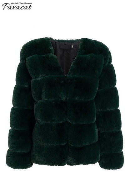 Creamtopmall Elegant Thick Fluffy Faux Fur Coat - Dark Green