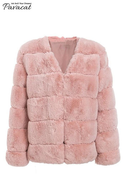 Creamtopmall Elegant Thick Fluffy Faux Fur Coat - Pink