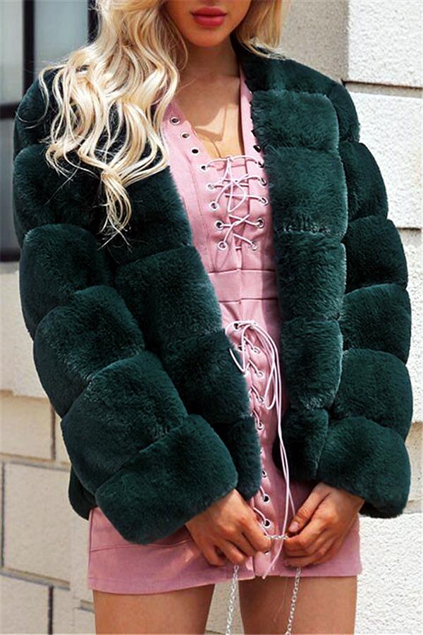 Creamtopmall Elegant Thick Fluffy Faux Fur Coat - Dark Green