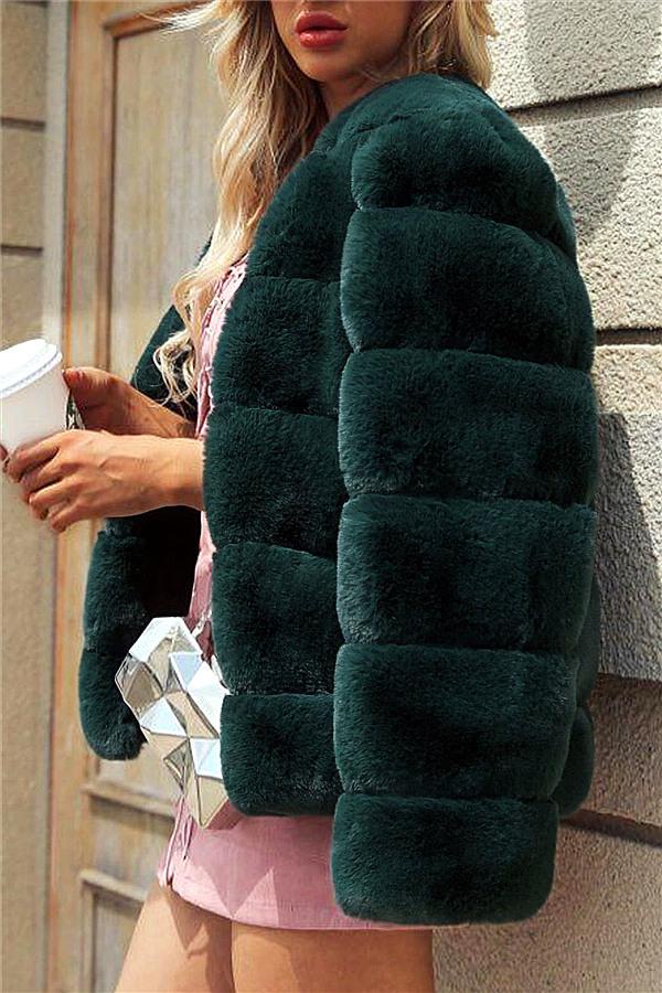 Creamtopmall Elegant Thick Fluffy Faux Fur Coat - Dark Green