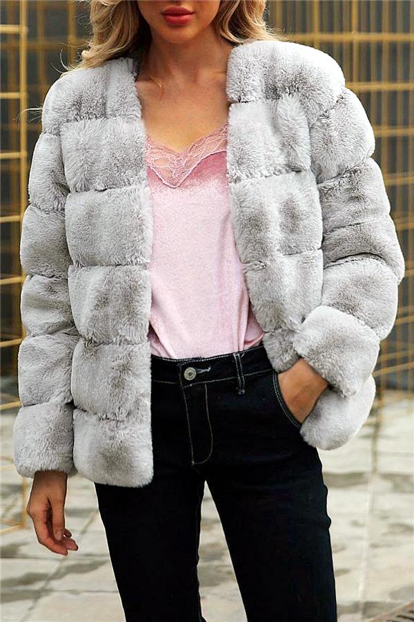 Creamtopmall Elegant Thick Fluffy Faux Fur Coat - Light Gray