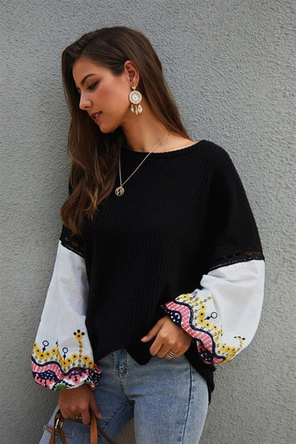 Creamtopmall Embroidery Lantern Sleeve Loose Sweater