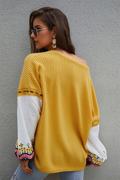 Creamtopmall Embroidery Lantern Sleeve Loose Sweater