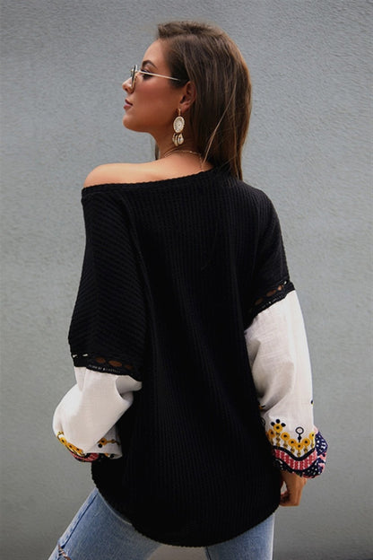 Creamtopmall Embroidery Lantern Sleeve Loose Sweater