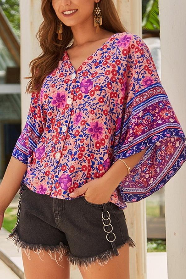 Creamtopmall Ethnic Half Sleeve Loose Shirt