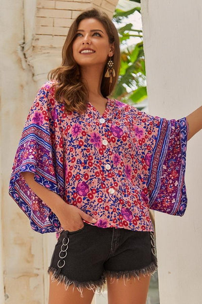 Creamtopmall Ethnic Half Sleeve Loose Shirt