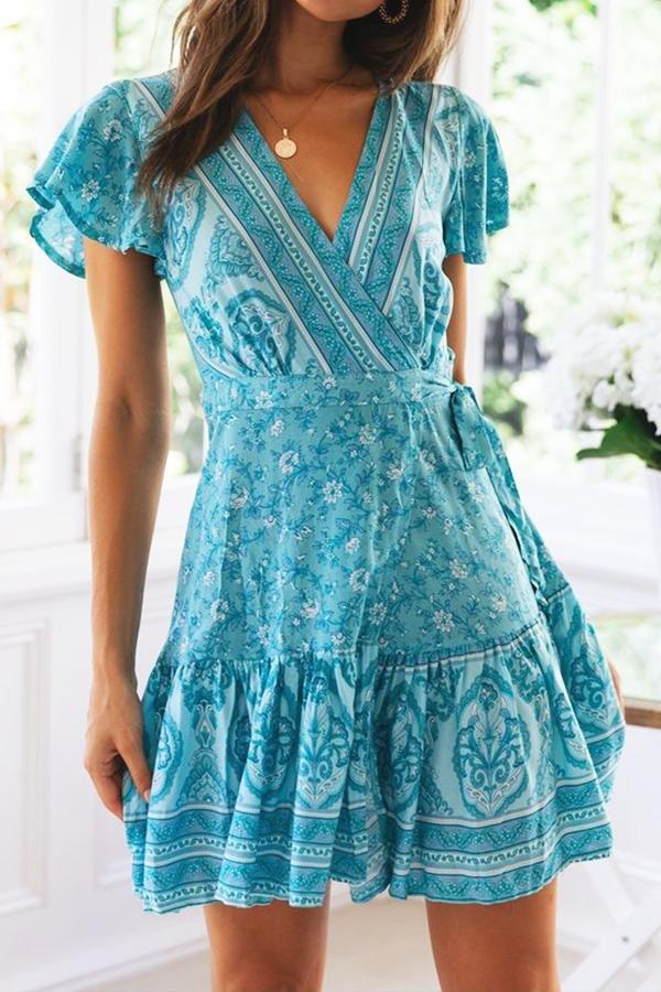 Creamtopmall Ethnic V Neck Mini Bohemian Dress