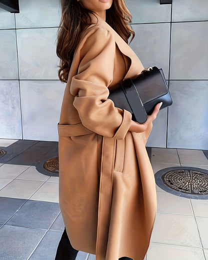 Creamtopmall Elegant Waterfall Collar Open Front Belt Woolen Coat