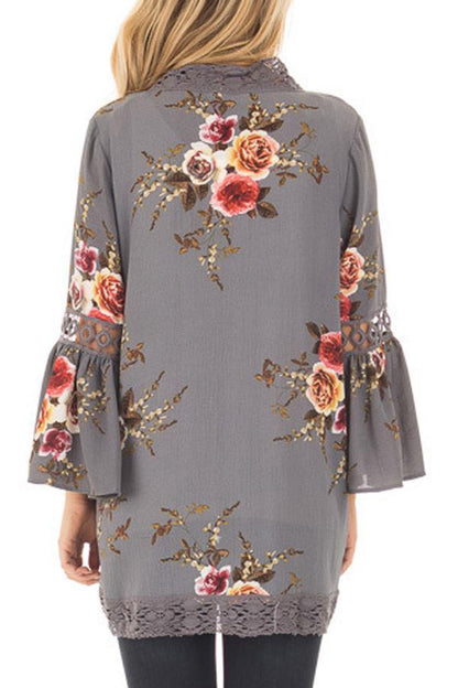 Creamtopmall Flare Sleeve Floral Print Lace Blouse