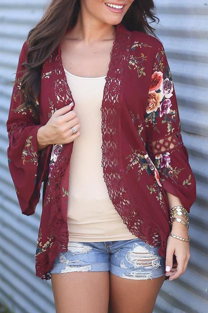 Creamtopmall Flare Sleeve Floral Print Lace Blouse