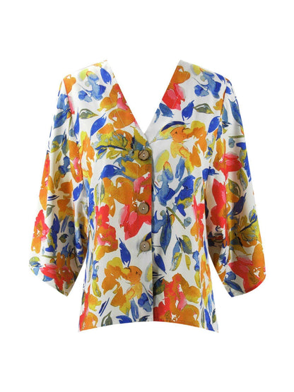 Creamtopmall Floral Batwing Sleeve Buttons Top