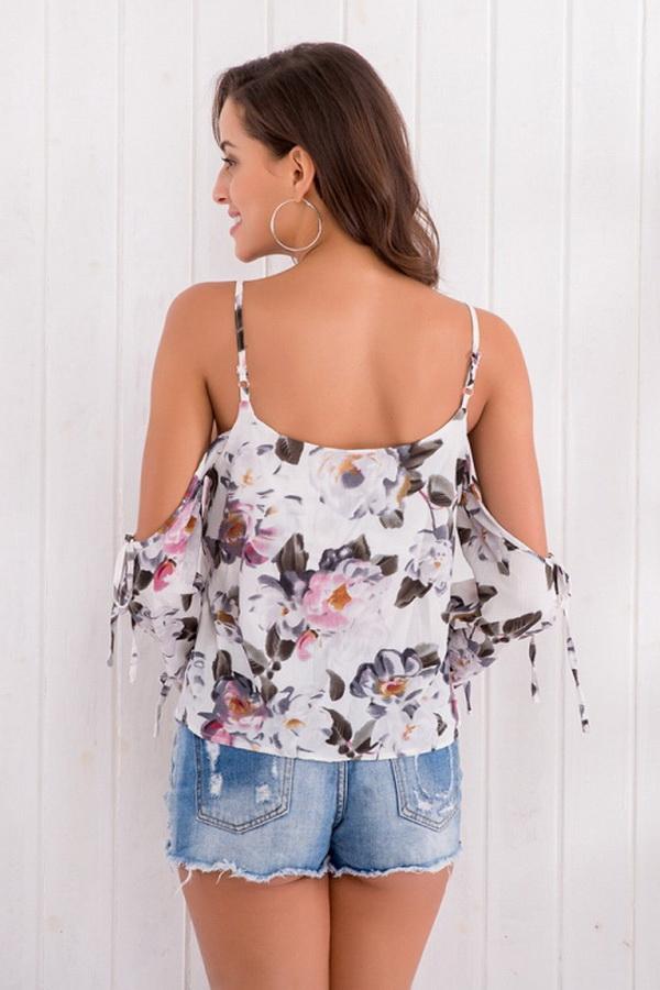 Creamtopmall Floral Cold Shoulder Chiffon Blouse