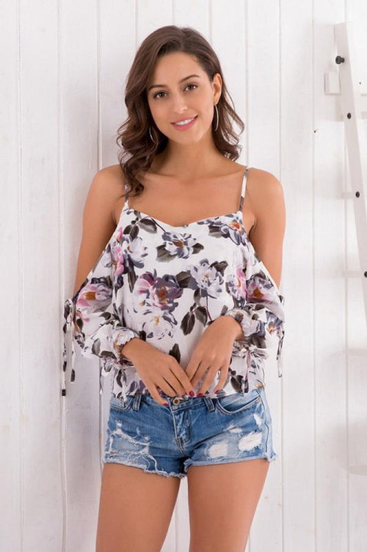 Creamtopmall Floral Cold Shoulder Chiffon Blouse