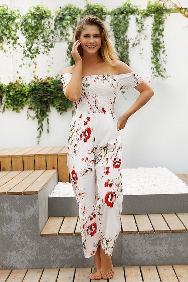 creamtopmall Floral Off Shoulder Smocked Jumpsuit