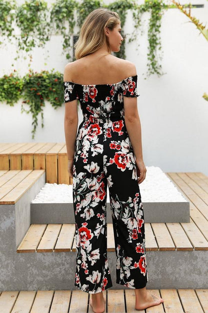 creamtopmall Floral Off Shoulder Smocked Jumpsuit