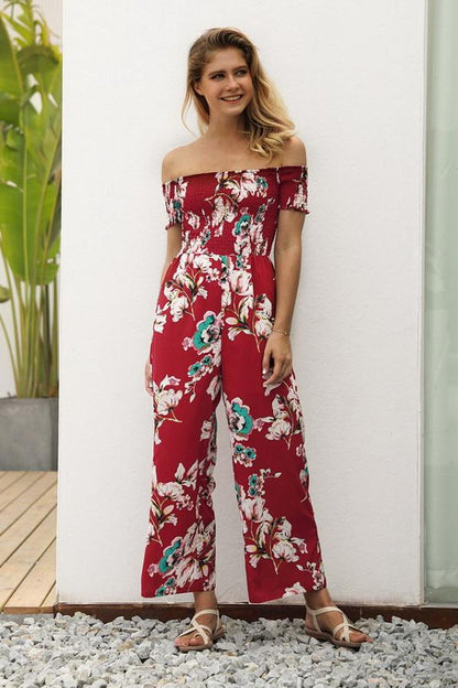 creamtopmall Floral Off Shoulder Smocked Jumpsuit