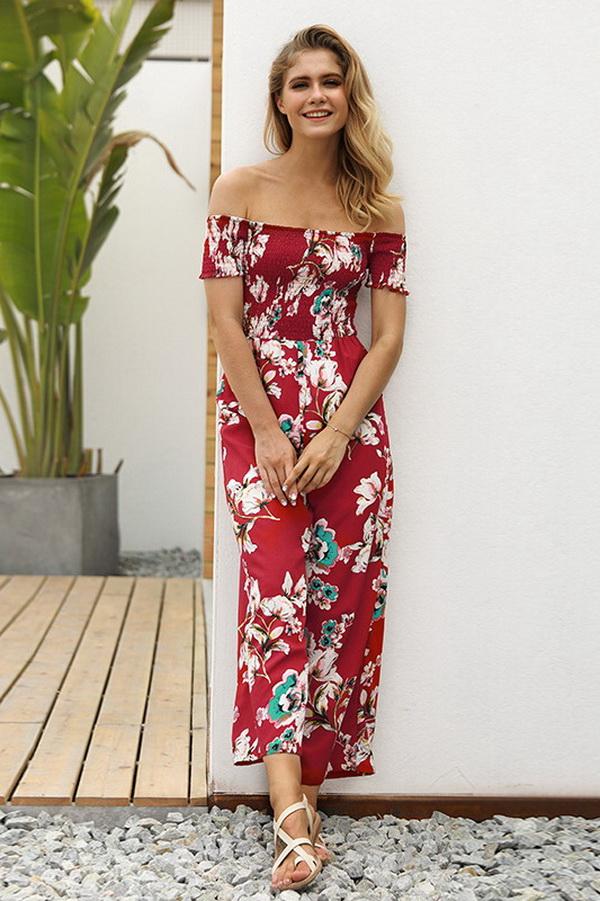 creamtopmall Floral Off Shoulder Smocked Jumpsuit