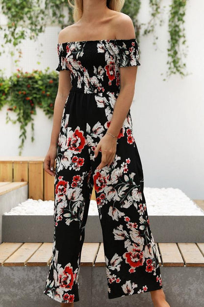 creamtopmall Floral Off Shoulder Smocked Jumpsuit