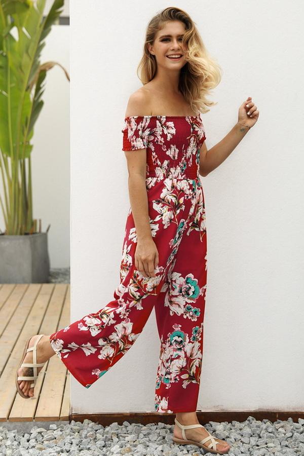 creamtopmall Floral Off Shoulder Smocked Jumpsuit