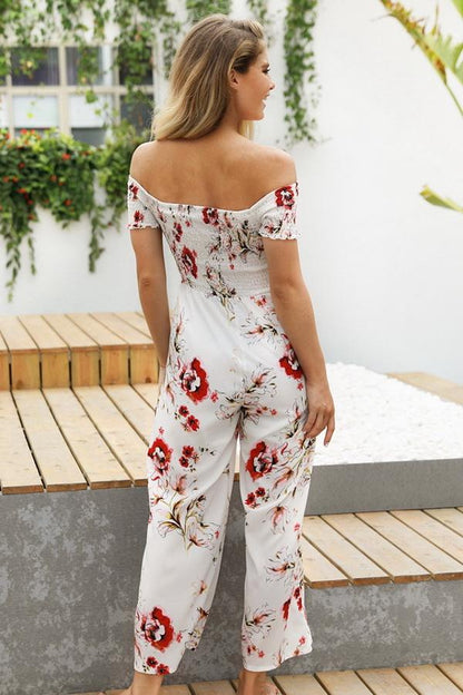 creamtopmall Floral Off Shoulder Smocked Jumpsuit