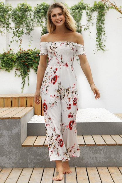 creamtopmall Floral Off Shoulder Smocked Jumpsuit