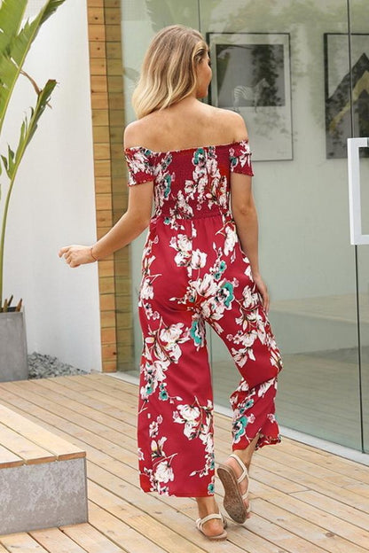 creamtopmall Floral Off Shoulder Smocked Jumpsuit