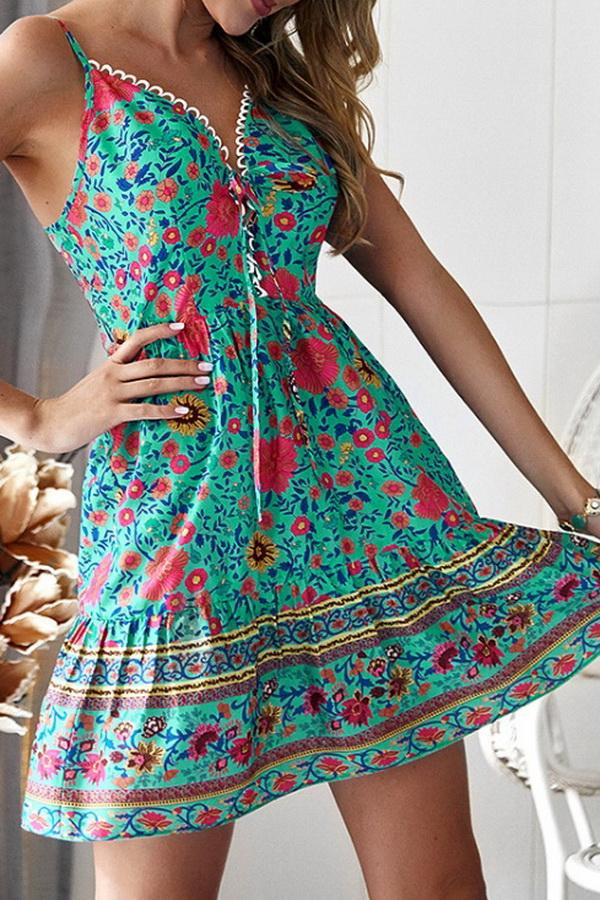 Creamtopmall Floral Print V Neck Bohemian Dress