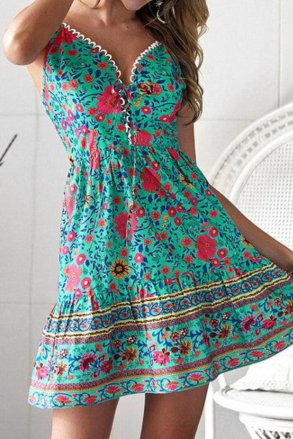 Creamtopmall Floral Print V Neck Bohemian Dress