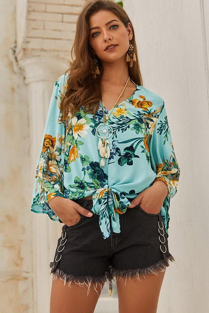 Creamtopmall Floral V Neck Knot Blouse