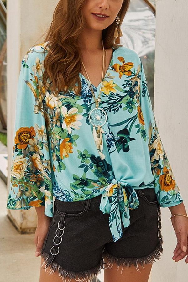 Creamtopmall Floral V Neck Knot Blouse