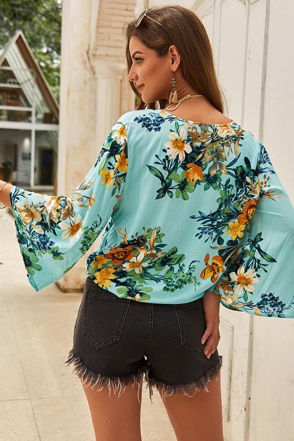 Creamtopmall Floral V Neck Knot Blouse