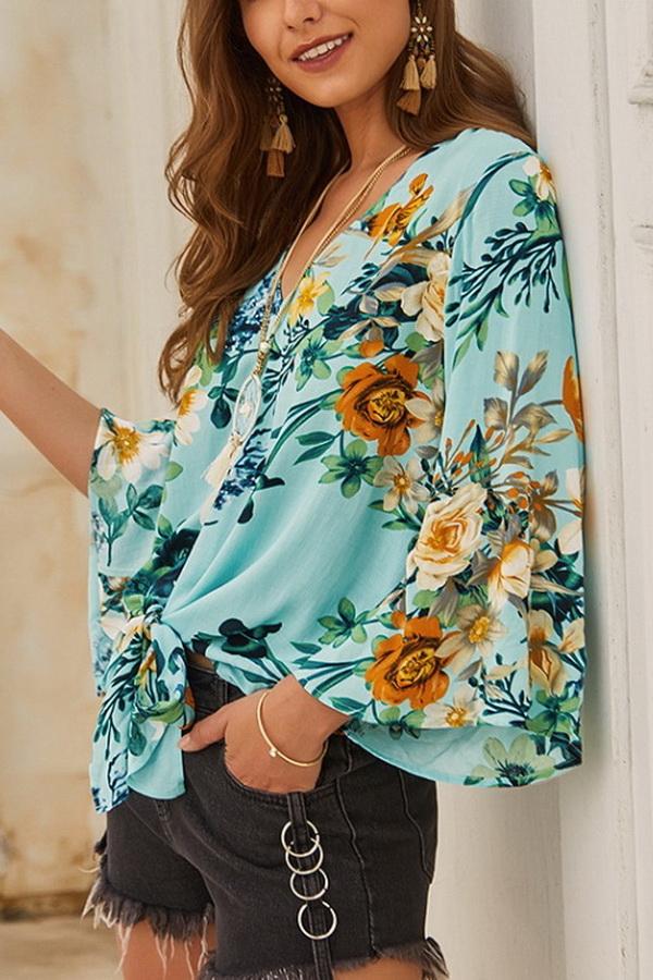 Creamtopmall Floral V Neck Knot Blouse