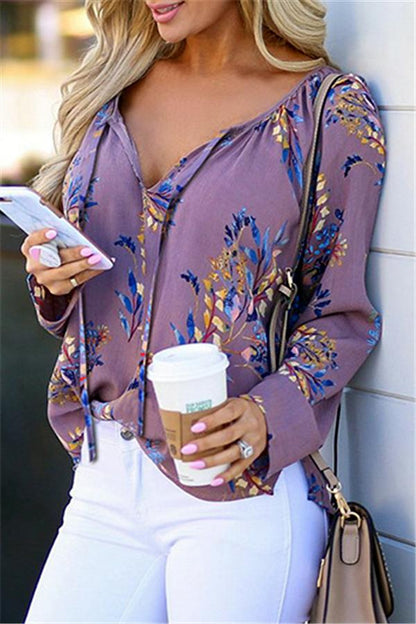 Creamtopmall Floral V Neck Lace Up Blouse