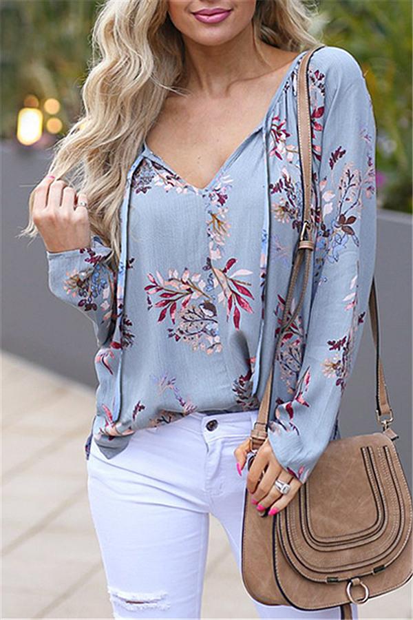 Creamtopmall Floral V Neck Lace Up Blouse