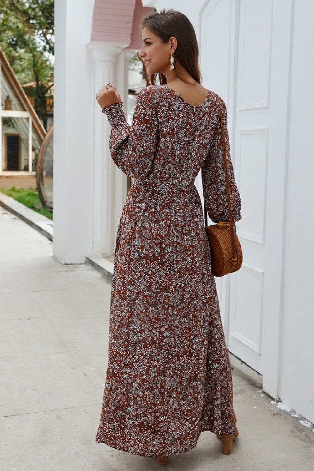 Creamtopmall Floral V Neck Long-sleeved Mid Dress