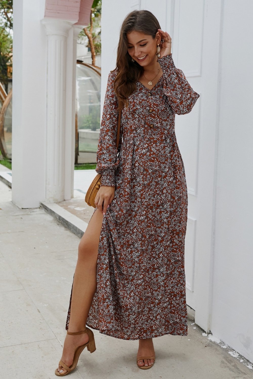 Creamtopmall Floral V Neck Long-sleeved Mid Dress