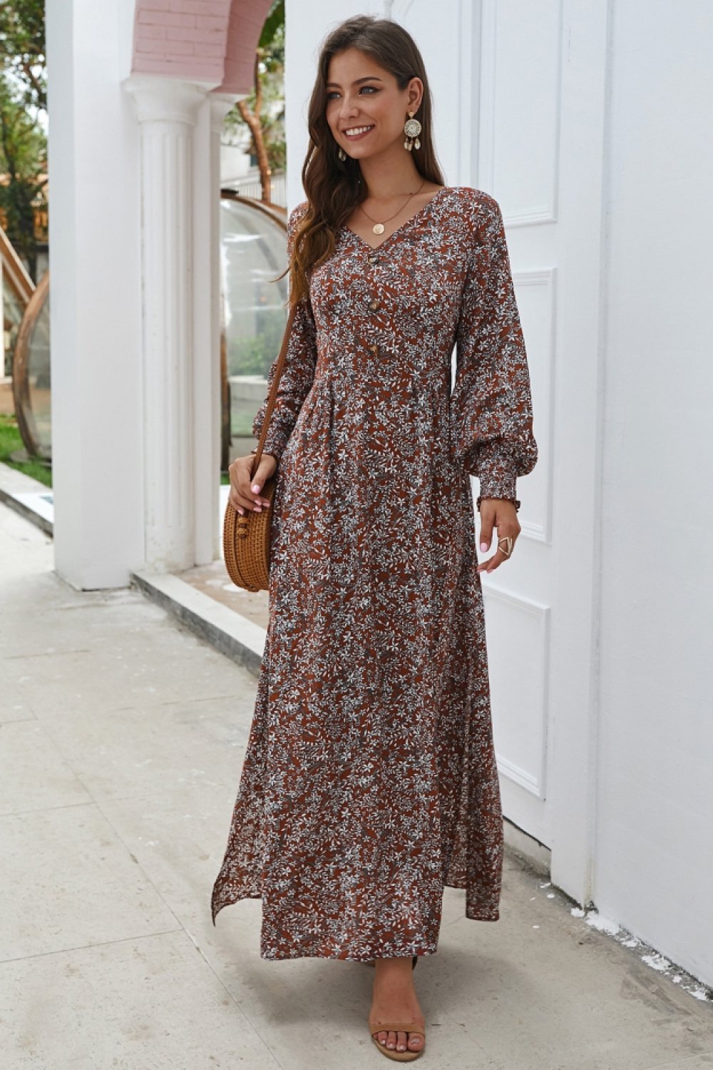 Creamtopmall Floral V Neck Long-sleeved Mid Dress